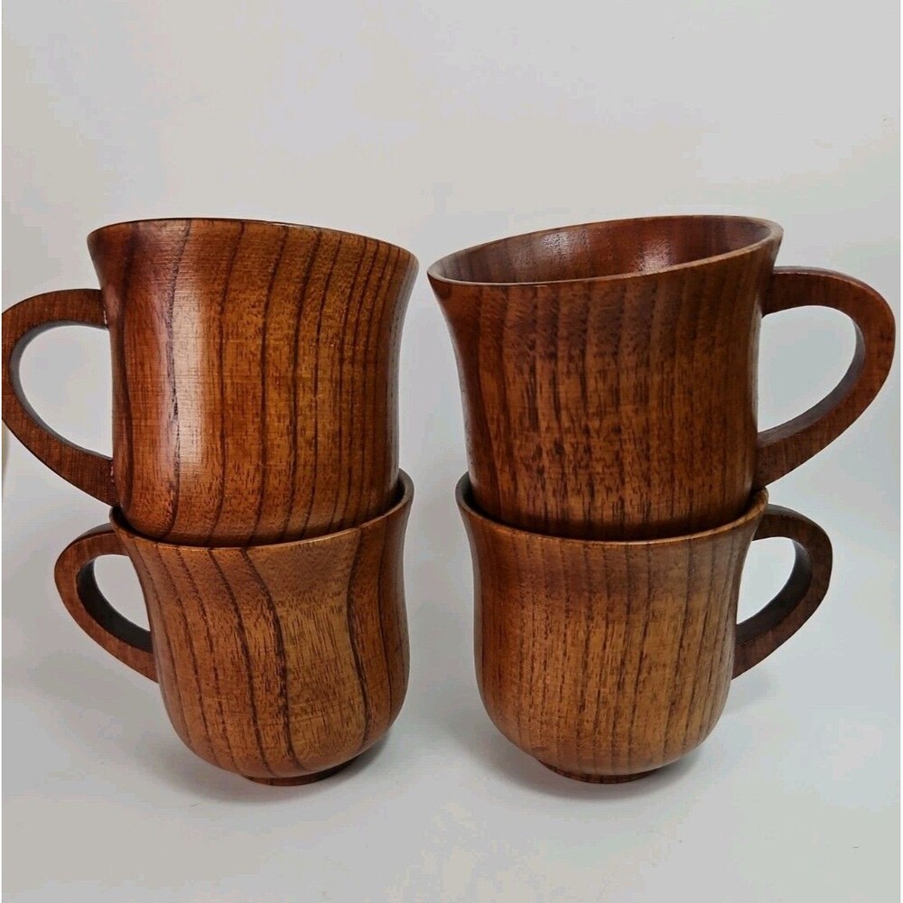 4x Natural Wooden Carved Wood Cup Coffee Tea Beer Vintage Handmade
